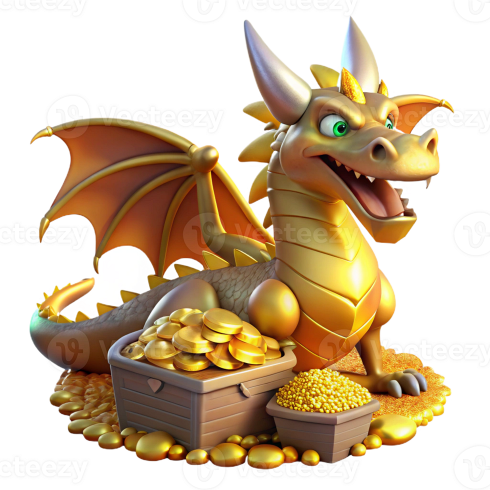 wonderful modern A fearsome dragon guarding its hoard of gold and jewels, illuminated by the glittering light of the treasure. Medieval art style authentic png
