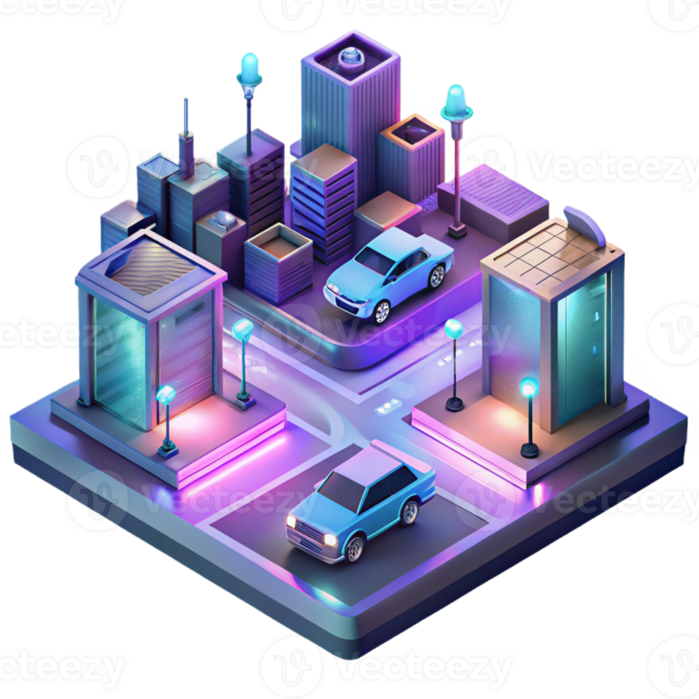 dramatic contemporary An isometric view of a futuristic city intersection with flying cars and holographic advertisements, bathed in the neon glow of the city lights, in a synthwave style original png