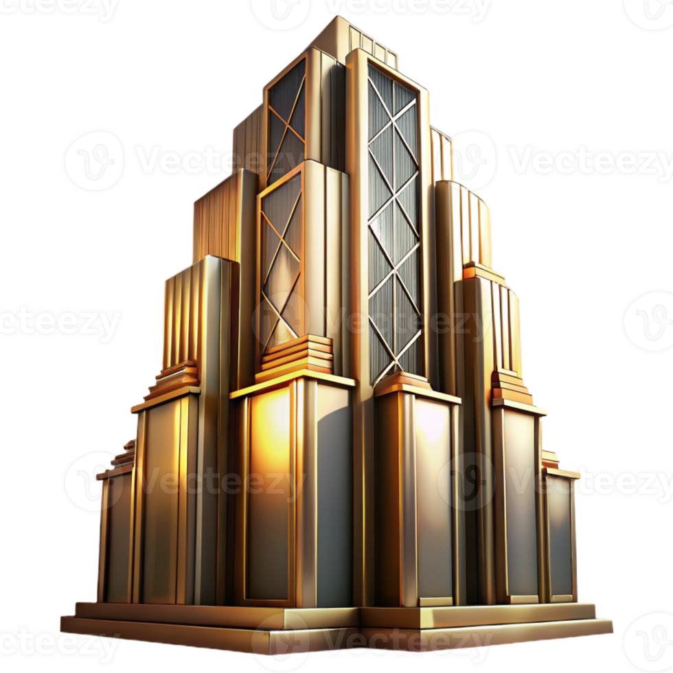 beautiful modern Art Deco skyscraper, intricate geometric facade, golden hour lighting, highly polished chrome accents, streamlined design, cinematic style high resolution png