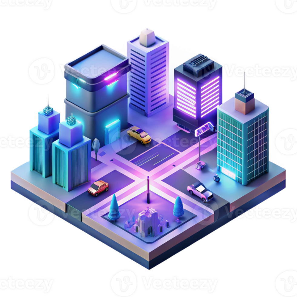 extraordinary abstract An isometric view of a futuristic city intersection with flying cars and holographic advertisements, bathed in the neon glow of the city lights, in a synthwave style premium png
