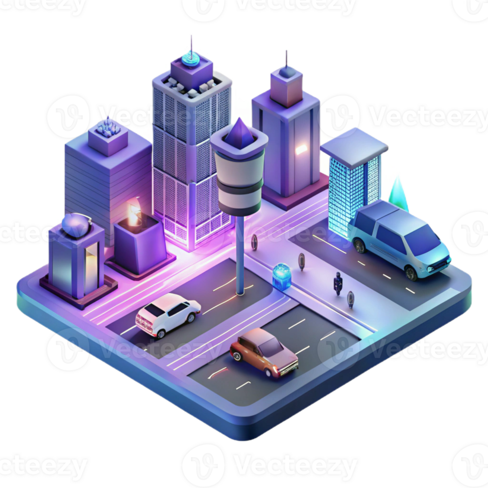 dramatic classic An isometric view of a futuristic city intersection with flying cars and holographic advertisements, bathed in the neon glow of the city lights, in a synthwave style exclusive png