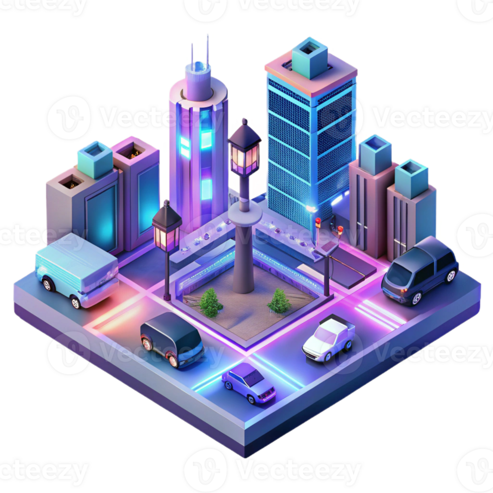 elegant abstract An isometric view of a futuristic city intersection with flying cars and holographic advertisements, bathed in the neon glow of the city lights, in a synthwave style professional png