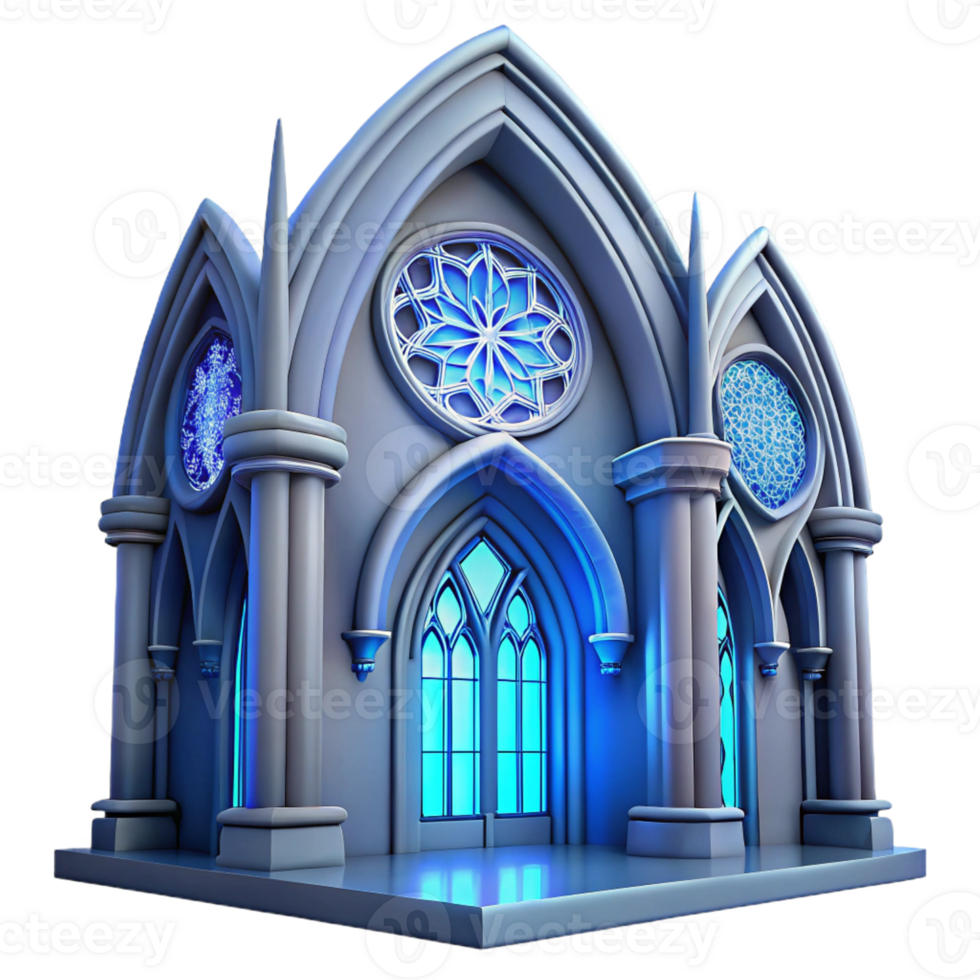dramatic rustic Gothic cathedral interior, stained glass rose window illuminated by ethereal blue light, detailed stone carvings, soaring arches, hyperrealistic style exclusive png