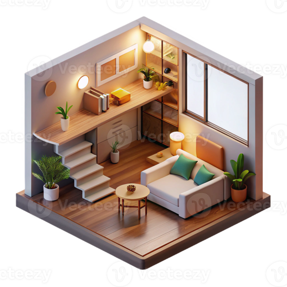 impressive rustic Microscale apartment, cleverly designed living space in a compact volume, warm and inviting lighting, minimalist style high quality png