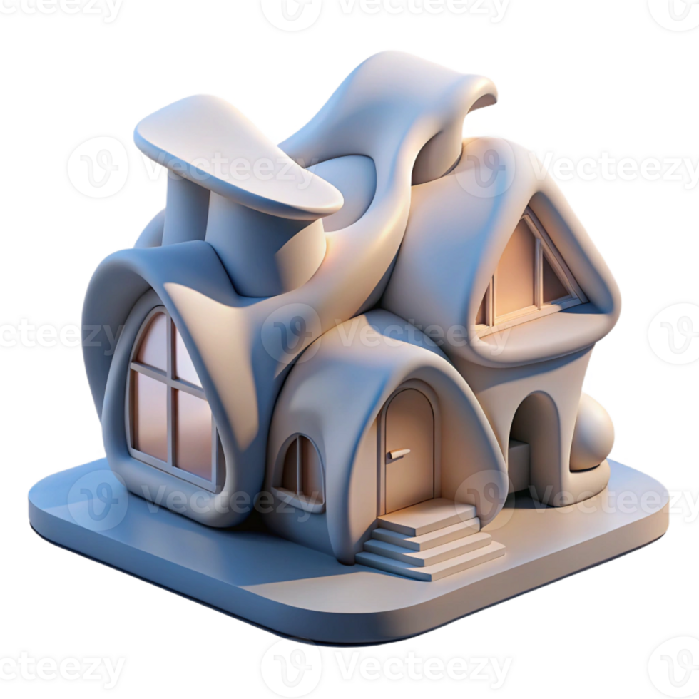 dramatic modern 3D-printed house, complex organic forms, futuristic minimalist style, soft diffused lighting high quality png