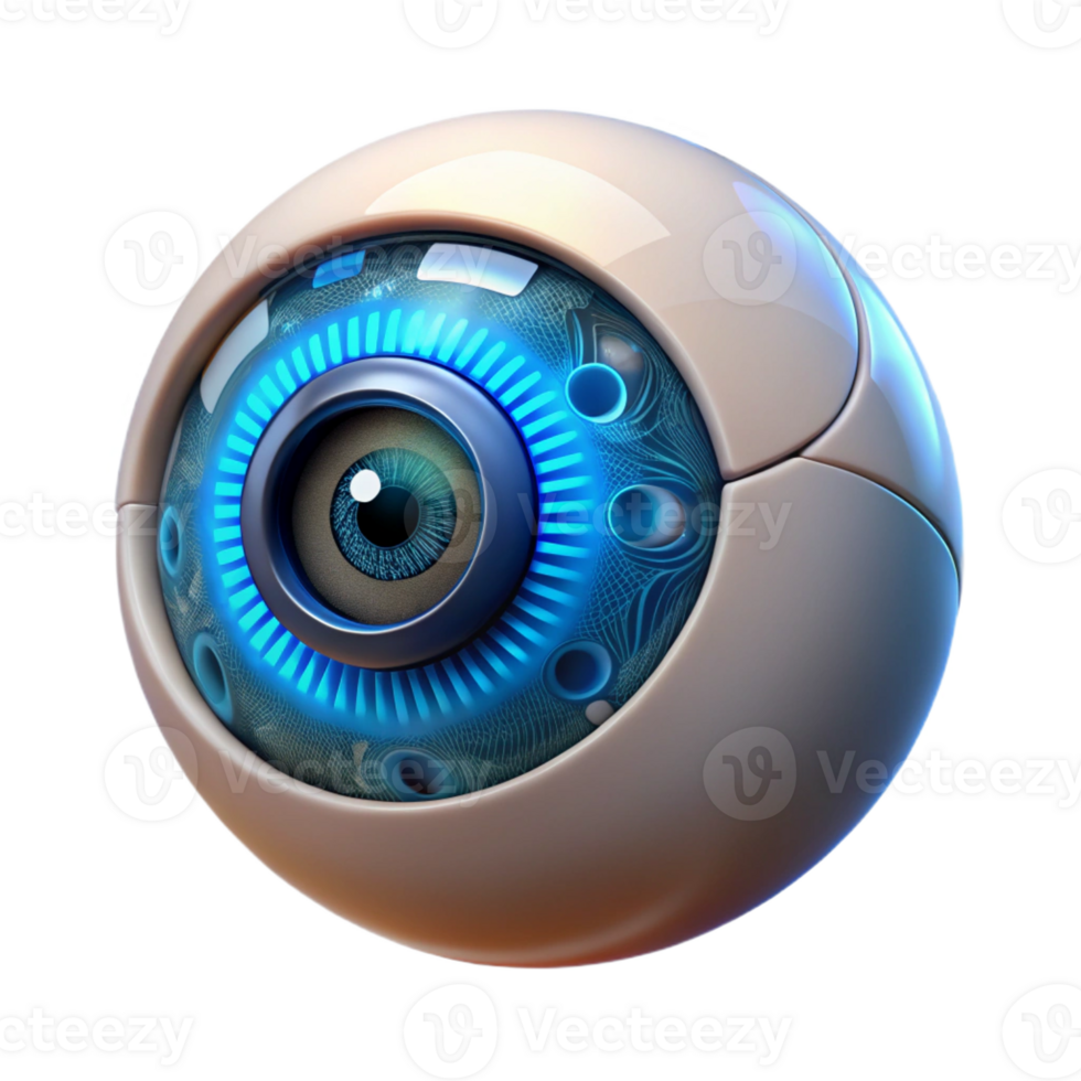 stunning contemporary A highly detailed, photorealistic render of a human eye augmented with technological implants, illuminated by a scanning laser high resolution png