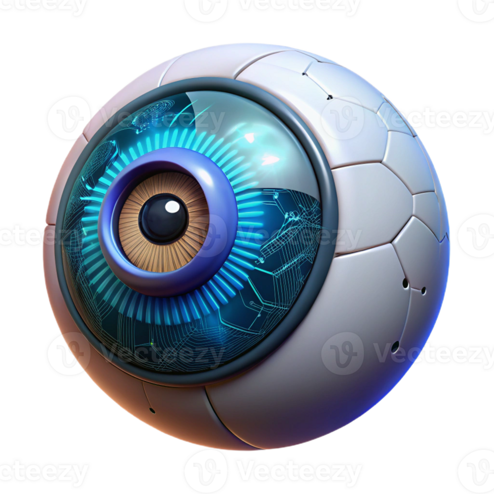wonderful modern A highly detailed, photorealistic render of a human eye augmented with technological implants, illuminated by a scanning laser premium png
