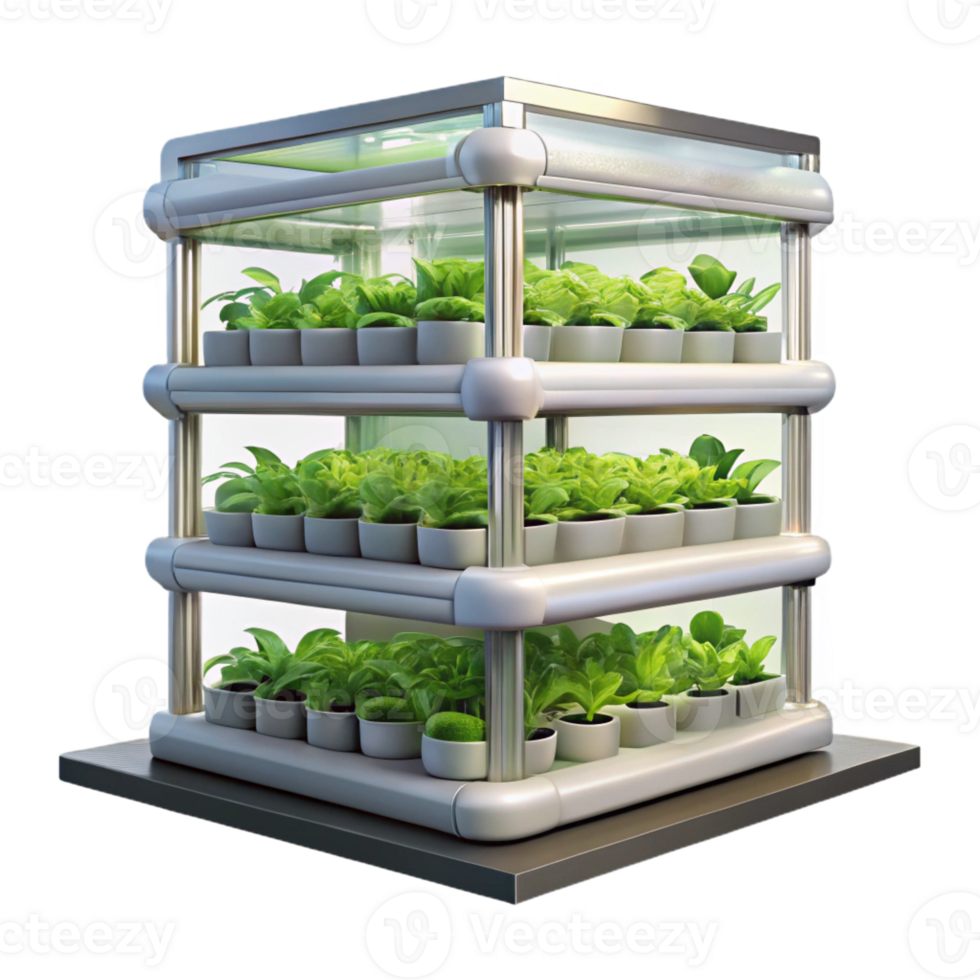 beautiful abstract Vertical farm, stacked layers of hydroponic crops, artificial lighting, sustainable architecture style high resolution png