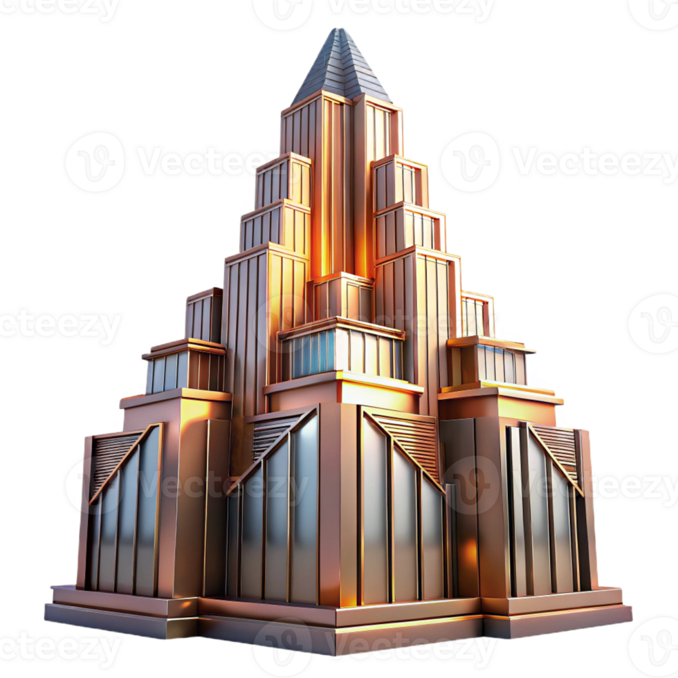 extraordinary artistic Art Deco skyscraper, intricate geometric facade, chrome accents, volumetric lighting, sunset hues, rendered in a hyperrealistic style detailed png