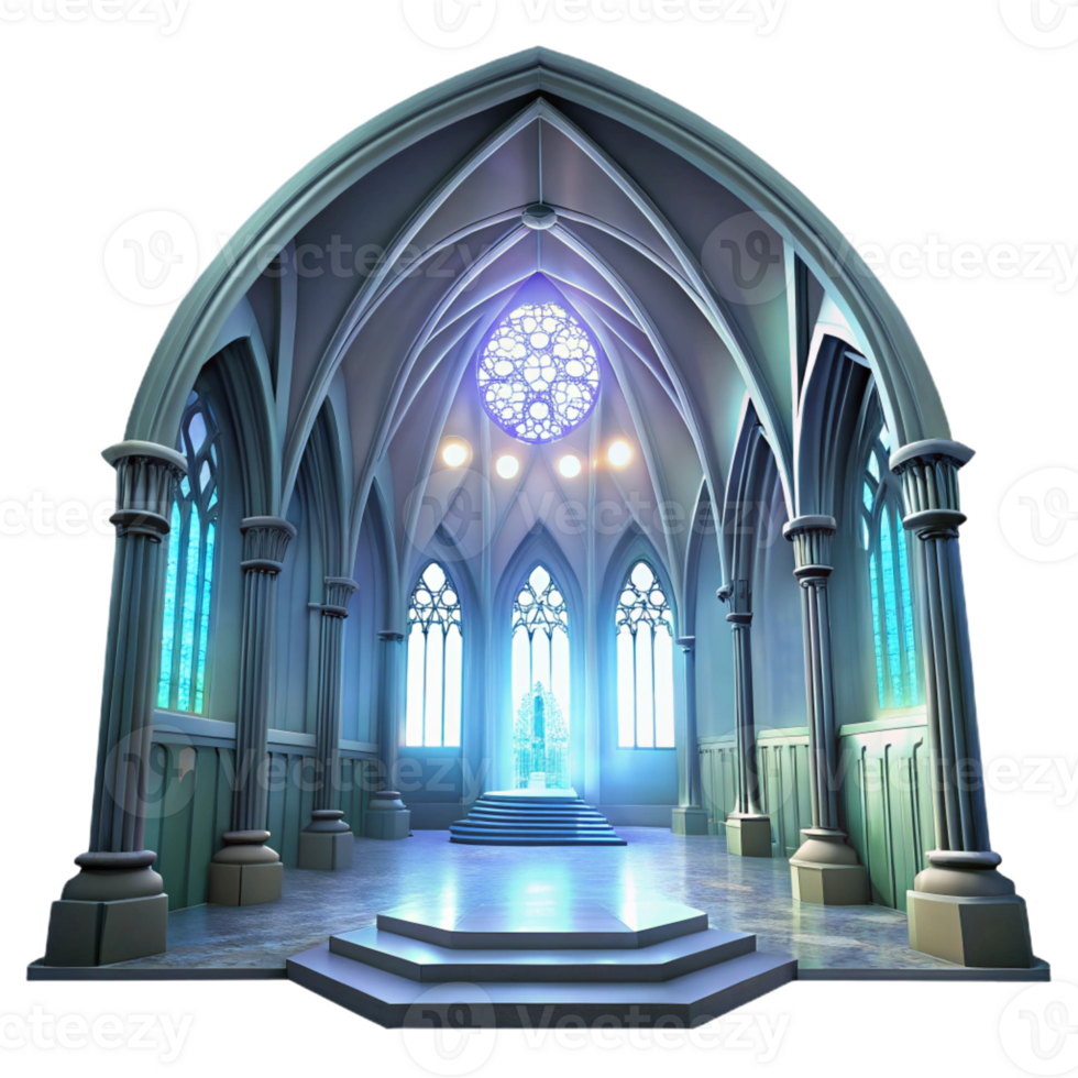 wonderful rustic Gothic cathedral interior, stained glass windows depicting celestial scenes, shafts of light, ethereal atmosphere, digital painting style exclusive png