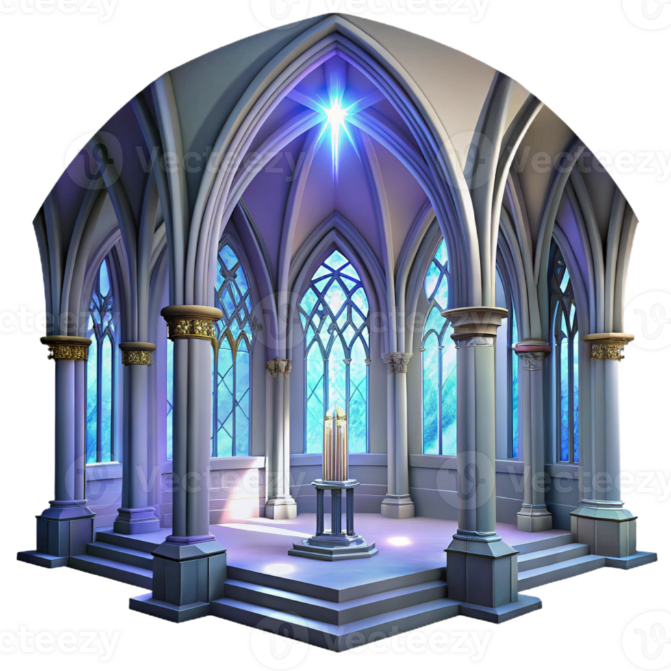 wonderful contemporary Gothic cathedral interior, stained glass windows depicting celestial scenes, shafts of light, ethereal atmosphere, digital painting style high quality png