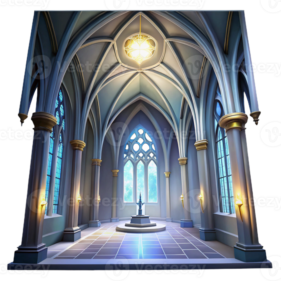 impressive traditional Gothic cathedral interior, stained glass windows depicting celestial scenes, shafts of light, ethereal atmosphere, digital painting style detailed png