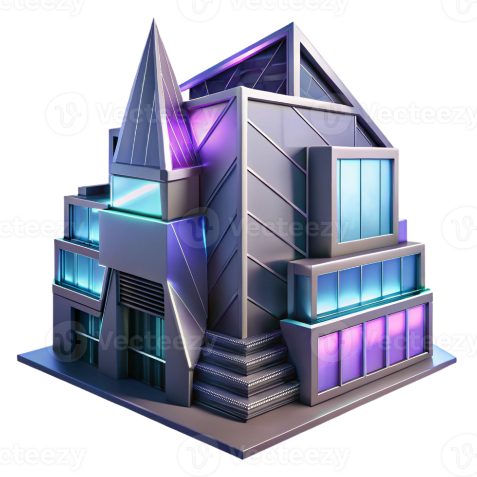 magnificent contemporary Deconstructivist office building, fragmented forms, sharp angles, metallic cladding, neon lights, cyberpunk style high quality png