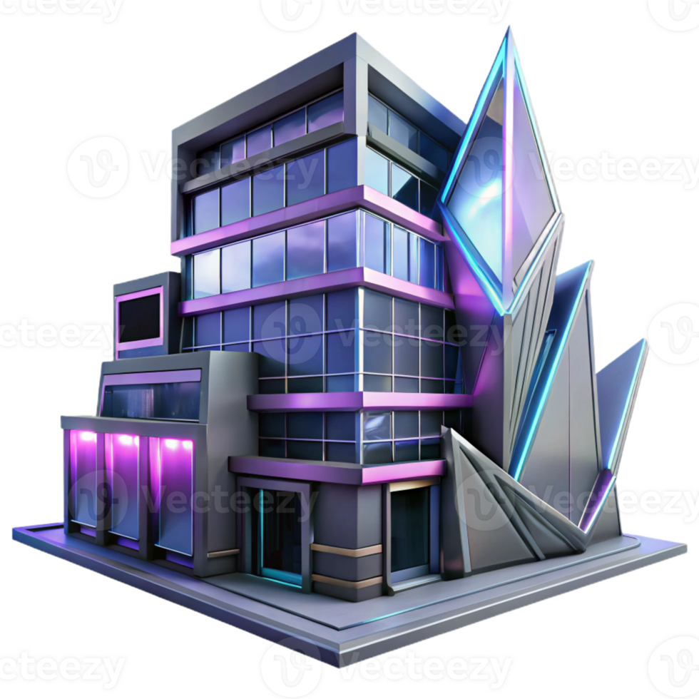 wonderful rustic Deconstructivist office building, fragmented forms, sharp angles, metallic cladding, neon lights, cyberpunk style authentic png