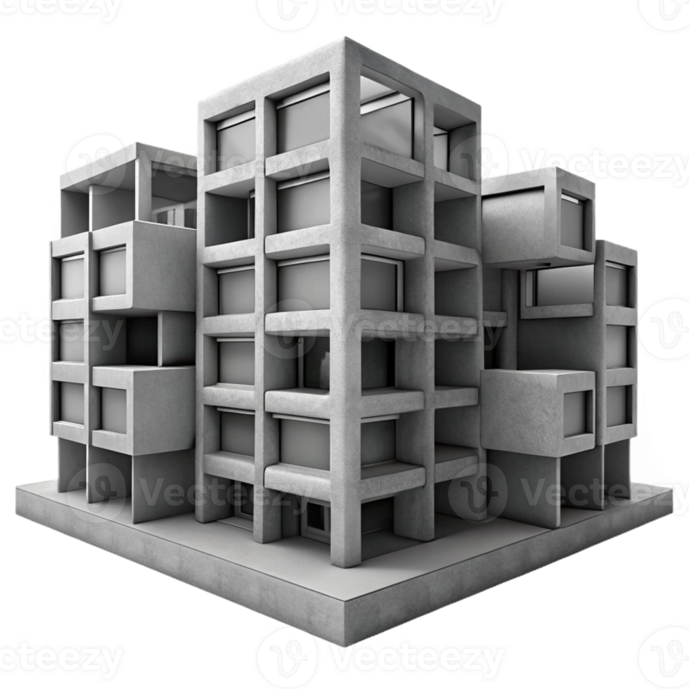 vibrant contemporary Brutalist concrete apartment complex, repetitive modular units, harsh shadows, grayscale, photorealistic style detailed png