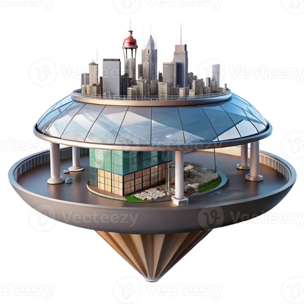 beautiful traditional Floating conference center, suspended above a cityscape, glass and steel construction, futuristic style detailed png