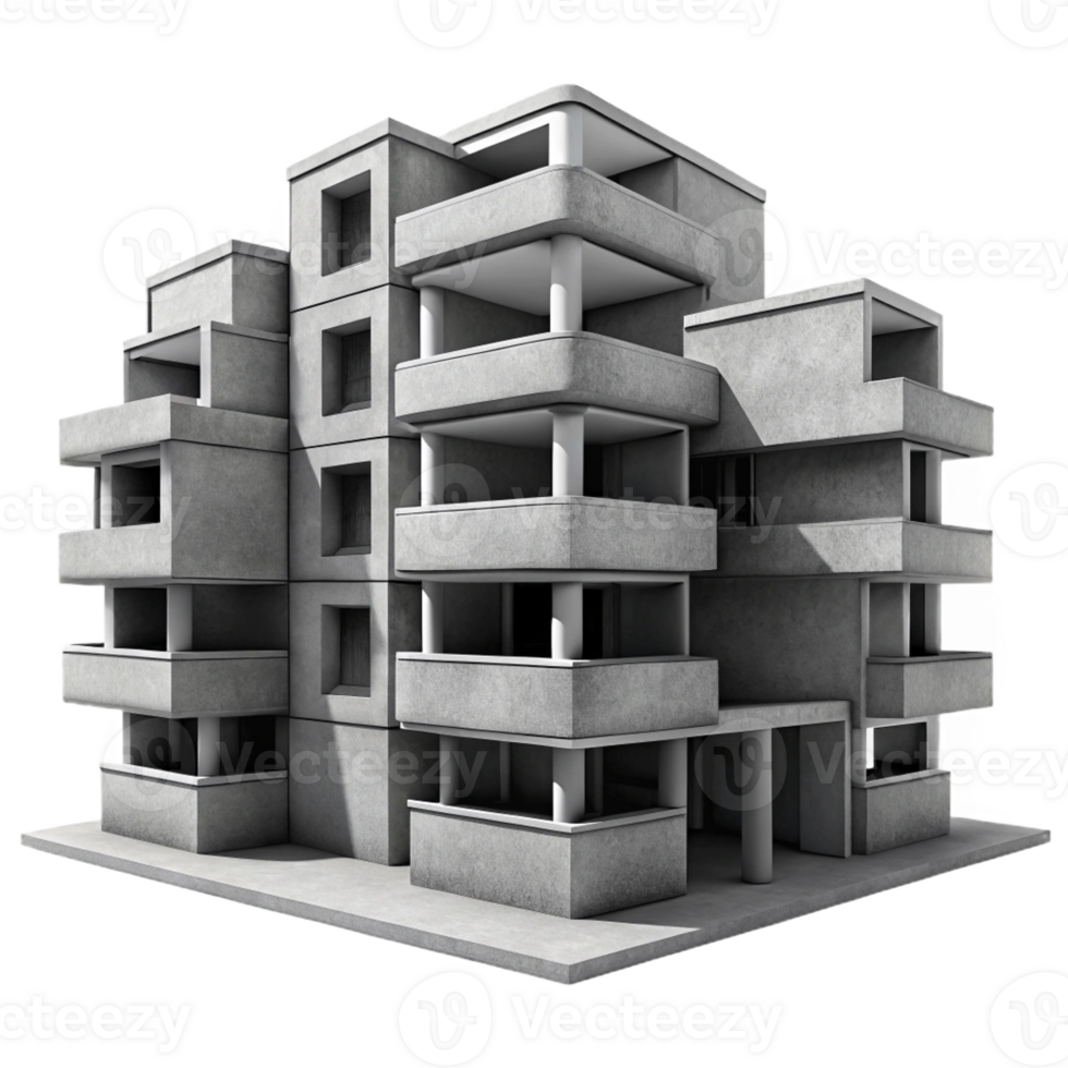 impressive minimalist Brutalist concrete apartment complex, repetitive modular units, harsh shadows, grayscale, photorealistic style 4K png