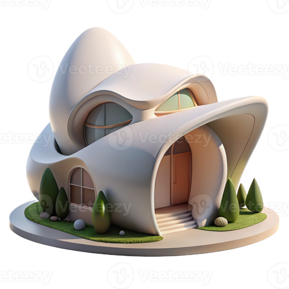 stunning contemporary Organic architecture house, flowing curves, integrated with natural landscape, soft daylight, matte painting style high resolution png