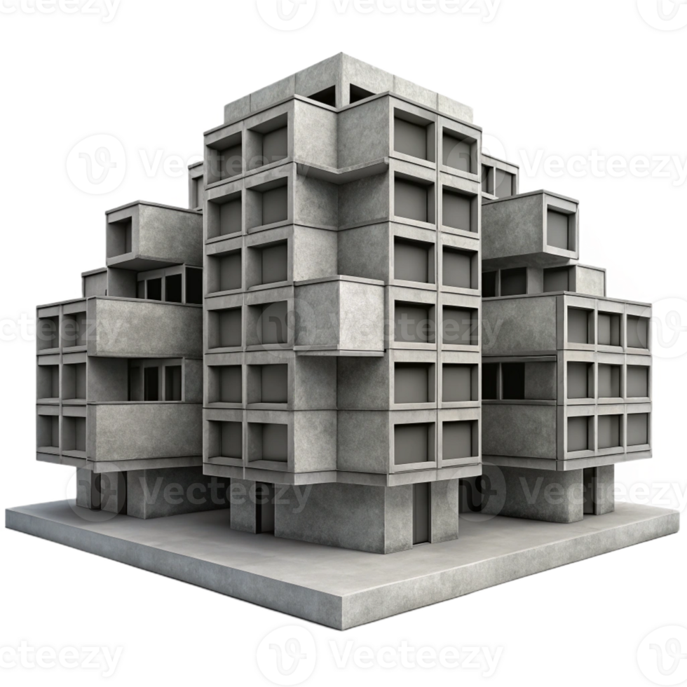 vibrant rustic Brutalist concrete apartment complex, repetitive modular units, harsh shadows, grayscale, photorealistic style high resolution png
