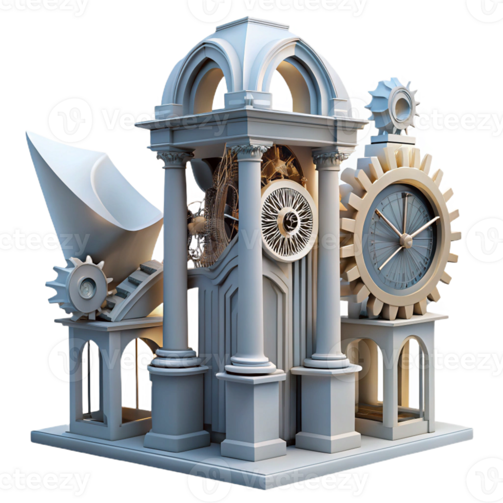 impressive classic Deconstructed clock tower, fragmented elements and exposed gears, surreal style, dramatic lighting exclusive png