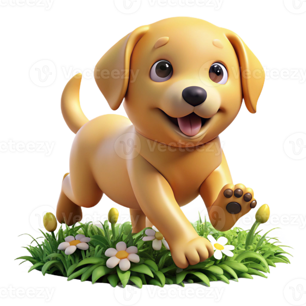 dramatic abstract A playful golden retriever puppy tumbling through a field of daisies, bathed in warm sunlight, in a whimsical, cartoon style high resolution png
