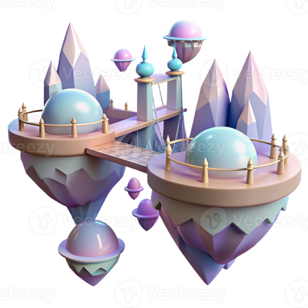 elegant minimalist Floating islands, connected by shimmering bridges, pastel colors, ethereal atmosphere, surreal style original png