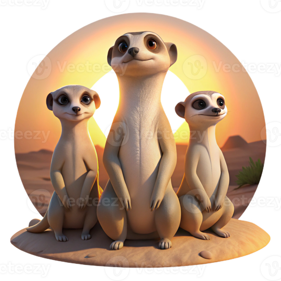 impressive artistic A family of meerkats standing alert in the desert, bathed in the warm glow of sunrise, in a National Geographic documentary style premium png