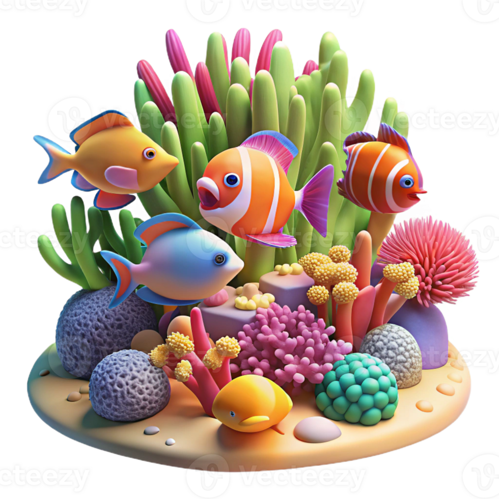 dramatic modern A vibrant coral reef teeming with colorful fish, illuminated by dappled sunlight, in a photorealistic underwater style high quality png