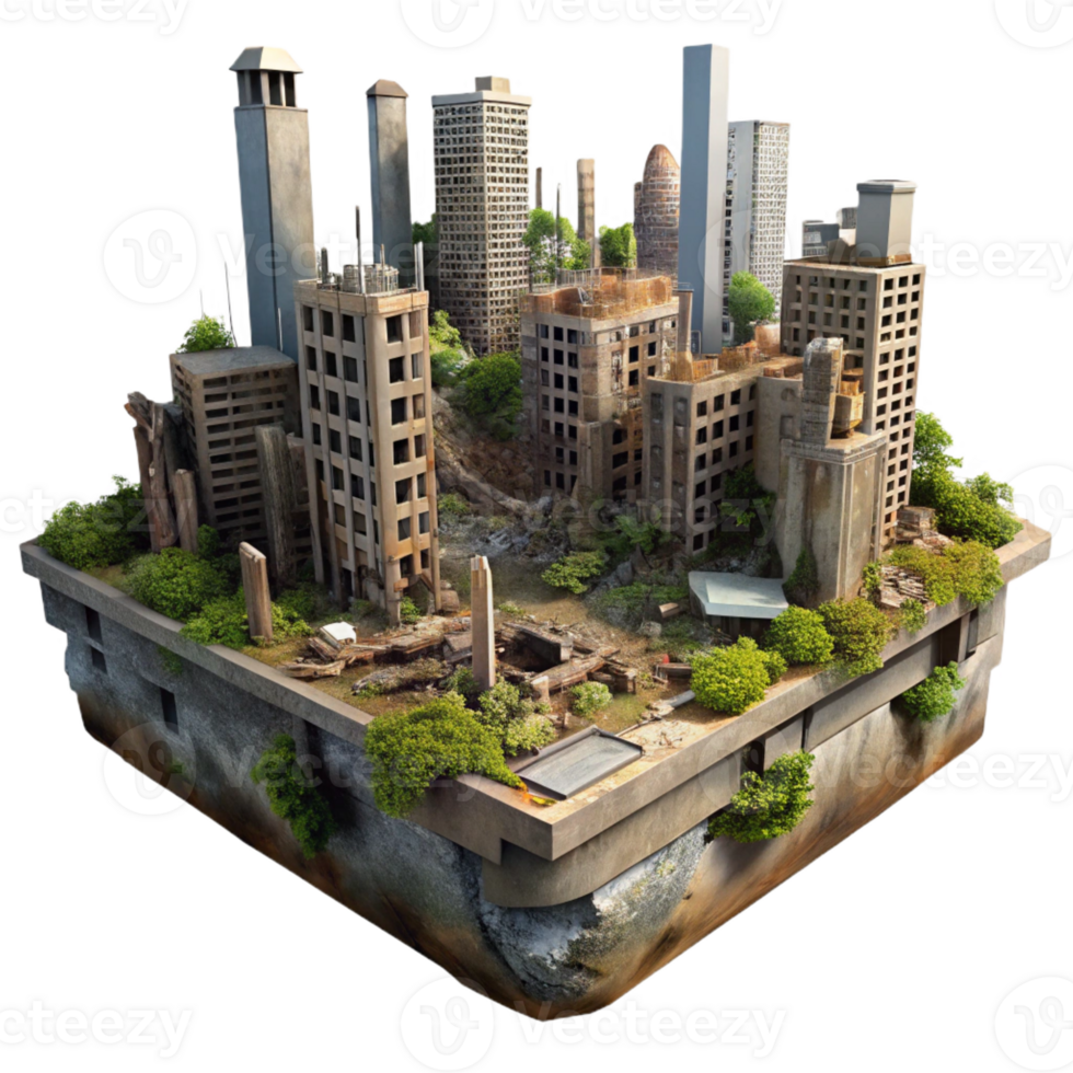 extraordinary creative Post-apocalyptic cityscape, crumbling buildings, overgrown vegetation, dim lighting, dystopian style exclusive png