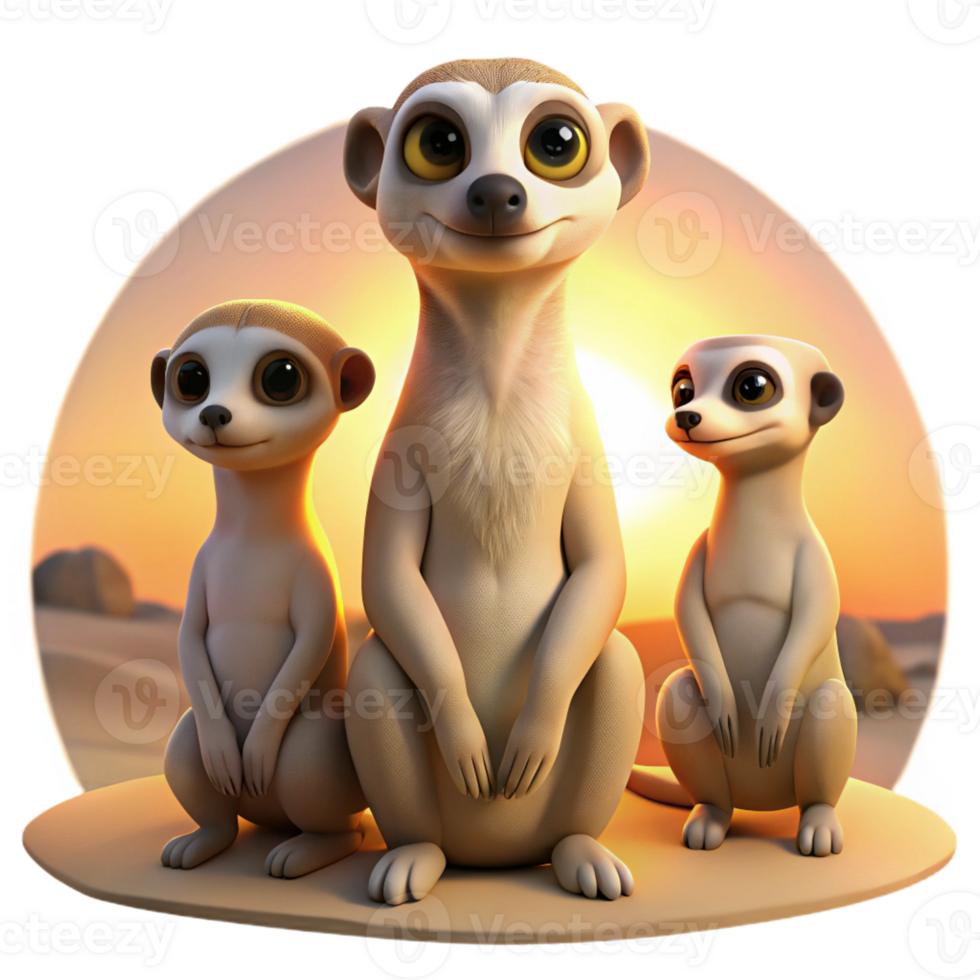 elegant minimalist A family of meerkats standing alert in the desert, bathed in the warm glow of sunrise, in a National Geographic documentary style professional png