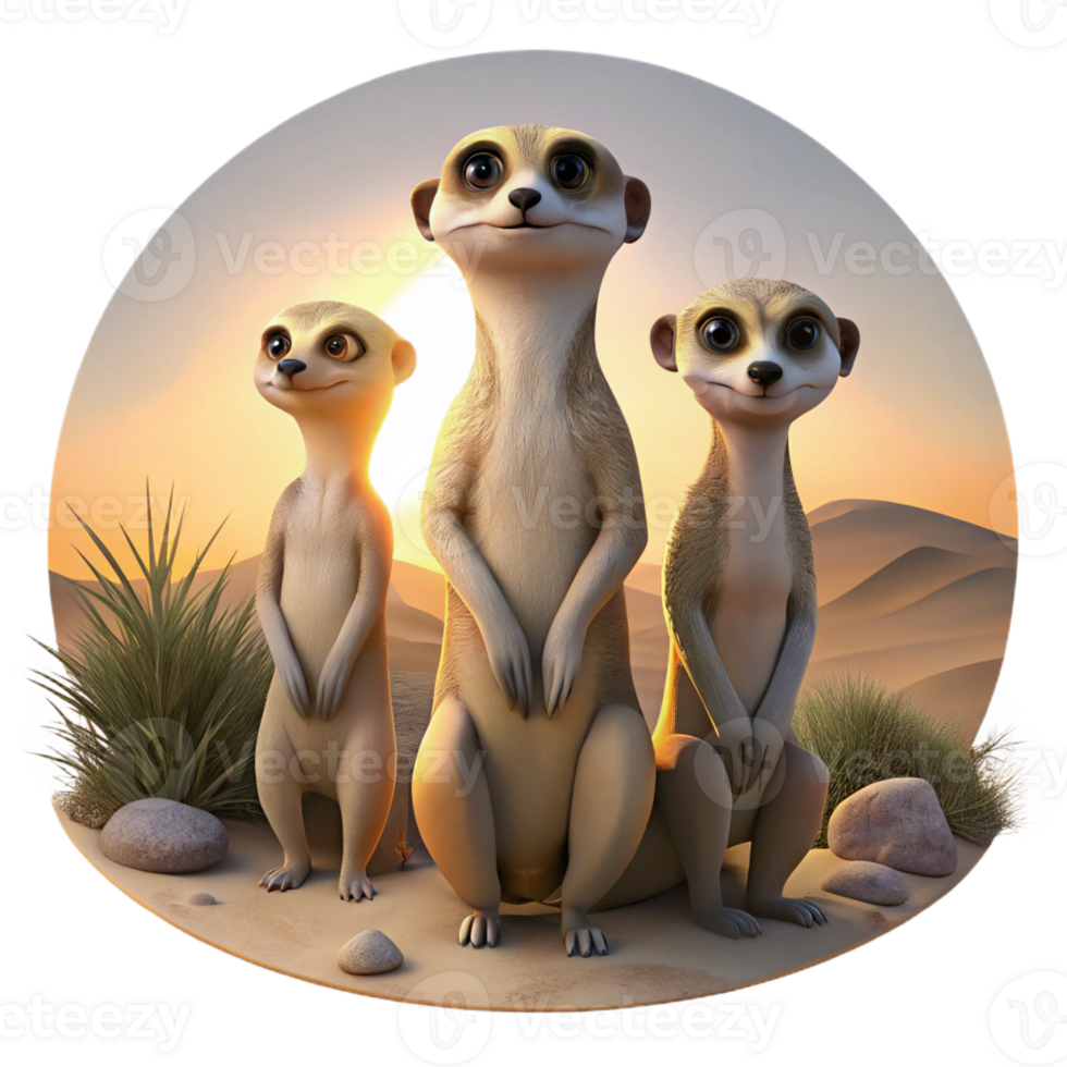 beautiful artistic A family of meerkats standing alert in the desert, bathed in the warm glow of sunrise, in a National Geographic documentary style detailed png