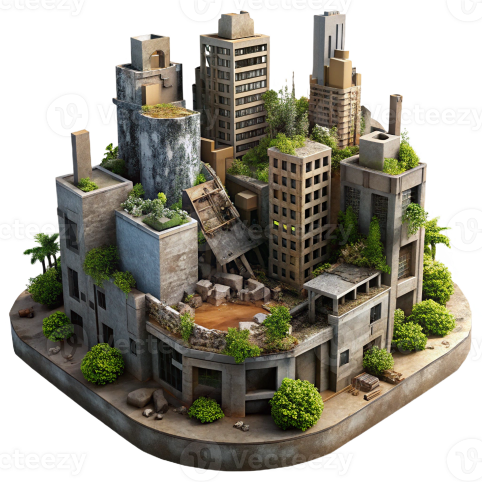 extraordinary modern Post-apocalyptic cityscape, crumbling buildings, overgrown vegetation, dim lighting, dystopian style authentic png