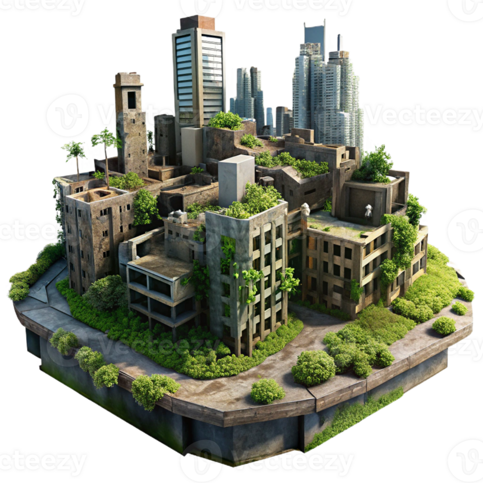magnificent rustic Post-apocalyptic cityscape, crumbling buildings, overgrown vegetation, dim lighting, dystopian style high resolution png