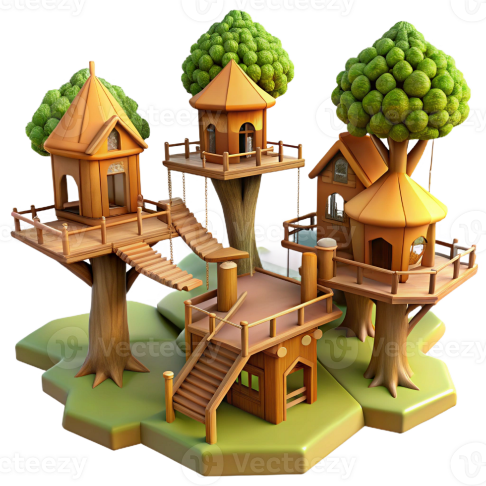 extraordinary classic Treehouse village, interconnected wooden platforms and bridges, dappled sunlight, whimsical style premium png