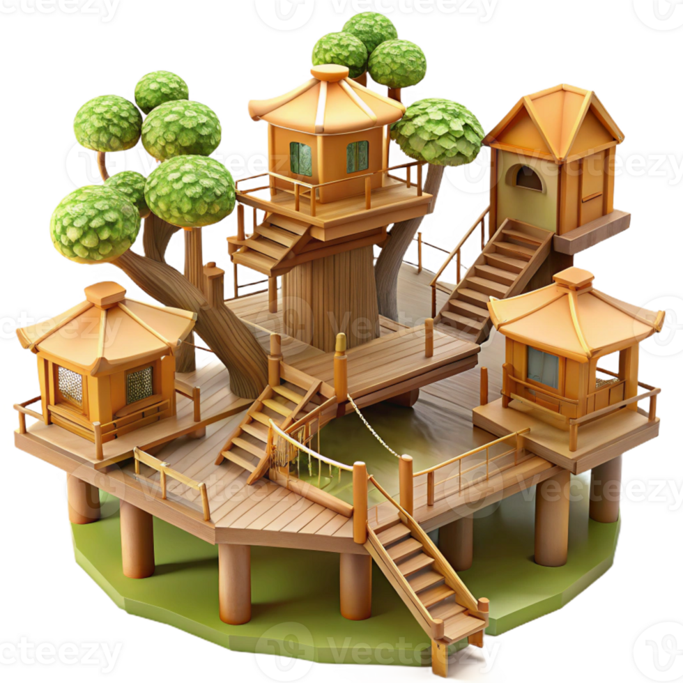 impressive abstract Treehouse village, interconnected wooden platforms and bridges, dappled sunlight, whimsical style genuine png