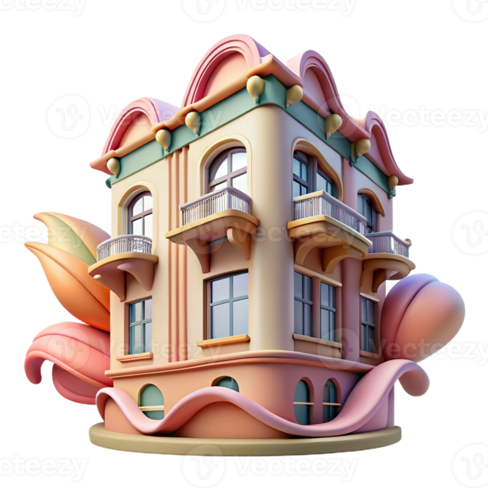 impressive creative Art Nouveau apartment building, flowing lines, floral motifs, pastel colors, vintage illustration style detailed png