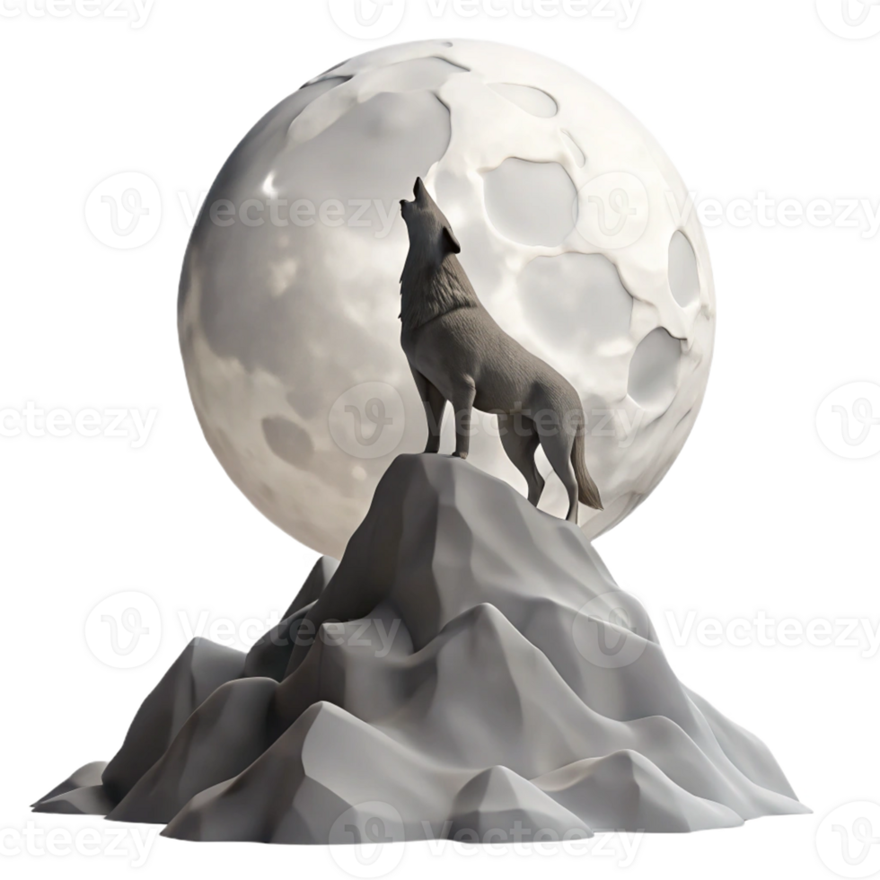 magnificent traditional A lone wolf howling at the full moon atop a snow-covered mountain, rendered in a dramatic, monochromatic style high resolution png