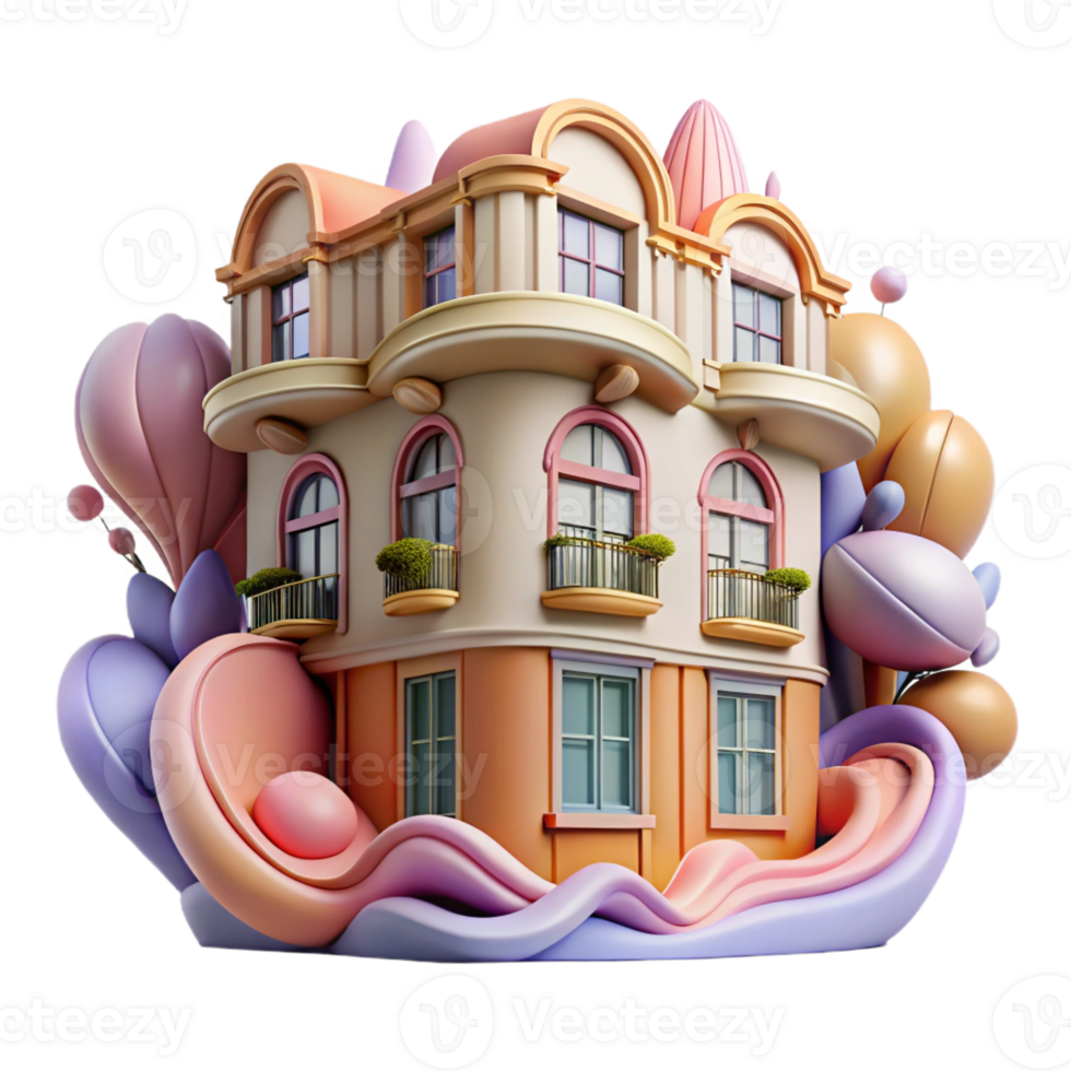 serene abstract Art Nouveau apartment building, flowing lines, floral motifs, pastel colors, vintage illustration style professional png