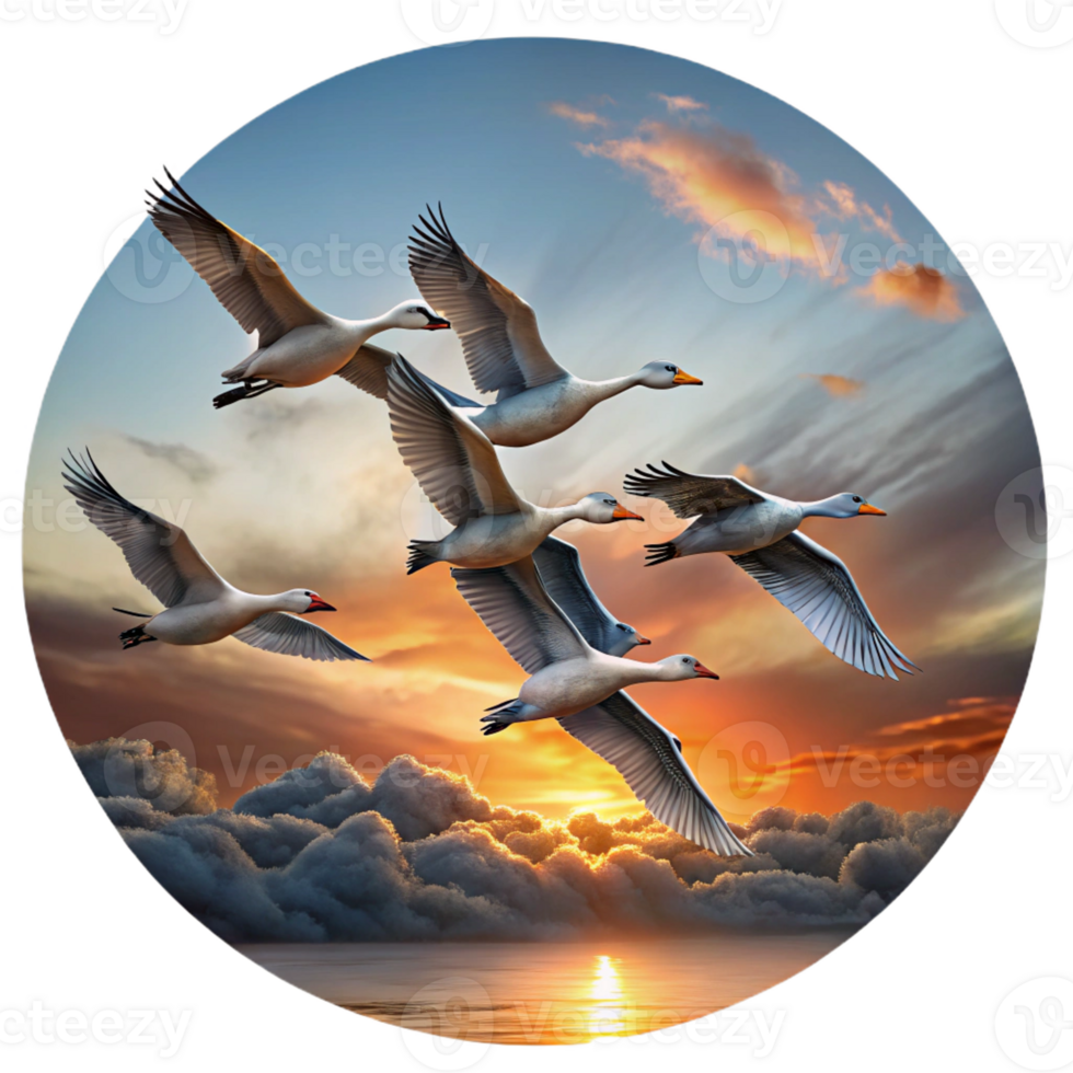 wonderful vintage A flock of migrating geese flying in a V formation against a dramatic sunset sky, in a classic, painterly style authentic png