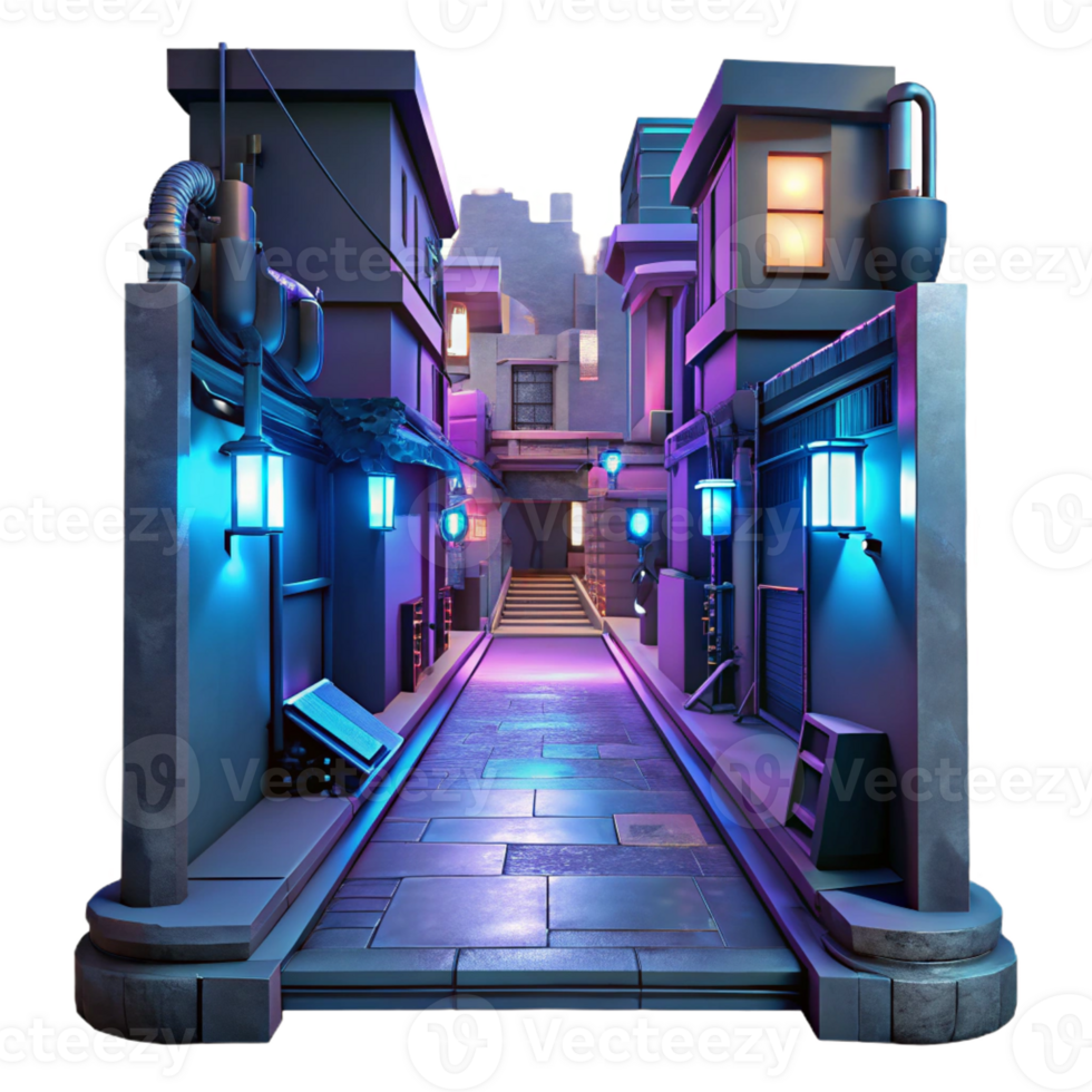 vibrant traditional Cyberpunk alleyway, neon signs, holographic projections, gritty textures, dark and moody lighting high quality png