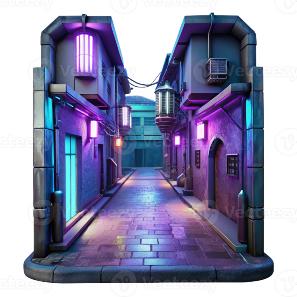 dramatic classic Cyberpunk alleyway, neon signs, holographic projections, gritty textures, dark and moody lighting 4K png