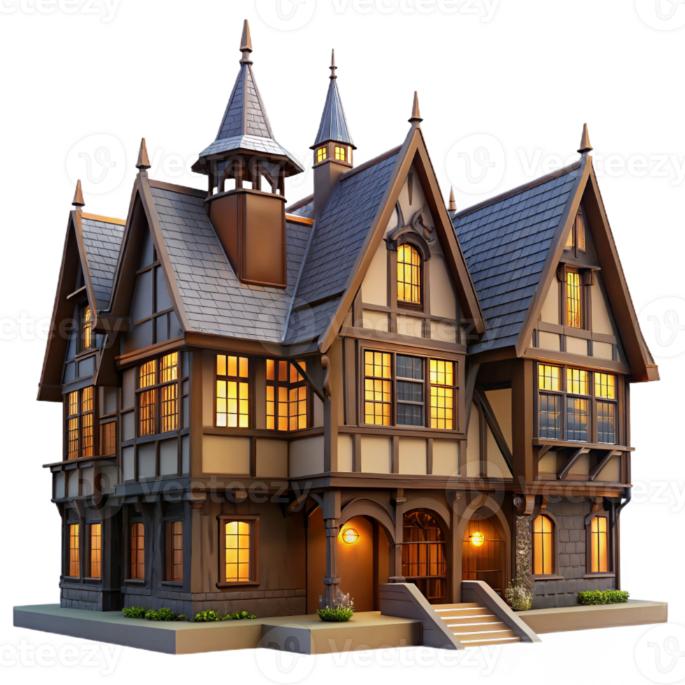 wonderful abstract Tudor-style mansion, half-timbered walls, leaded glass windows, dramatic lighting, historical style exclusive png