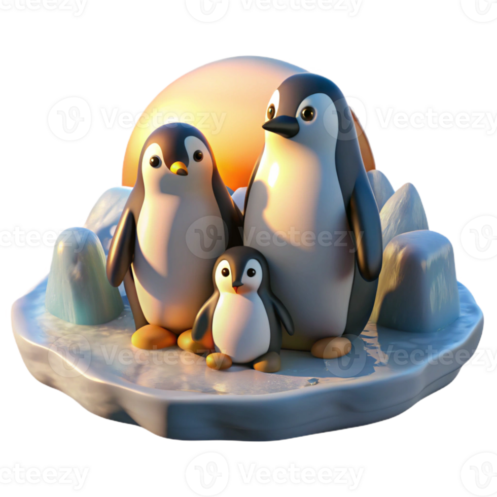 wonderful abstract A family of penguins huddled together on an icy floe, bathed in the soft light of a polar sunrise, in a National Geographic documentary style exclusive png