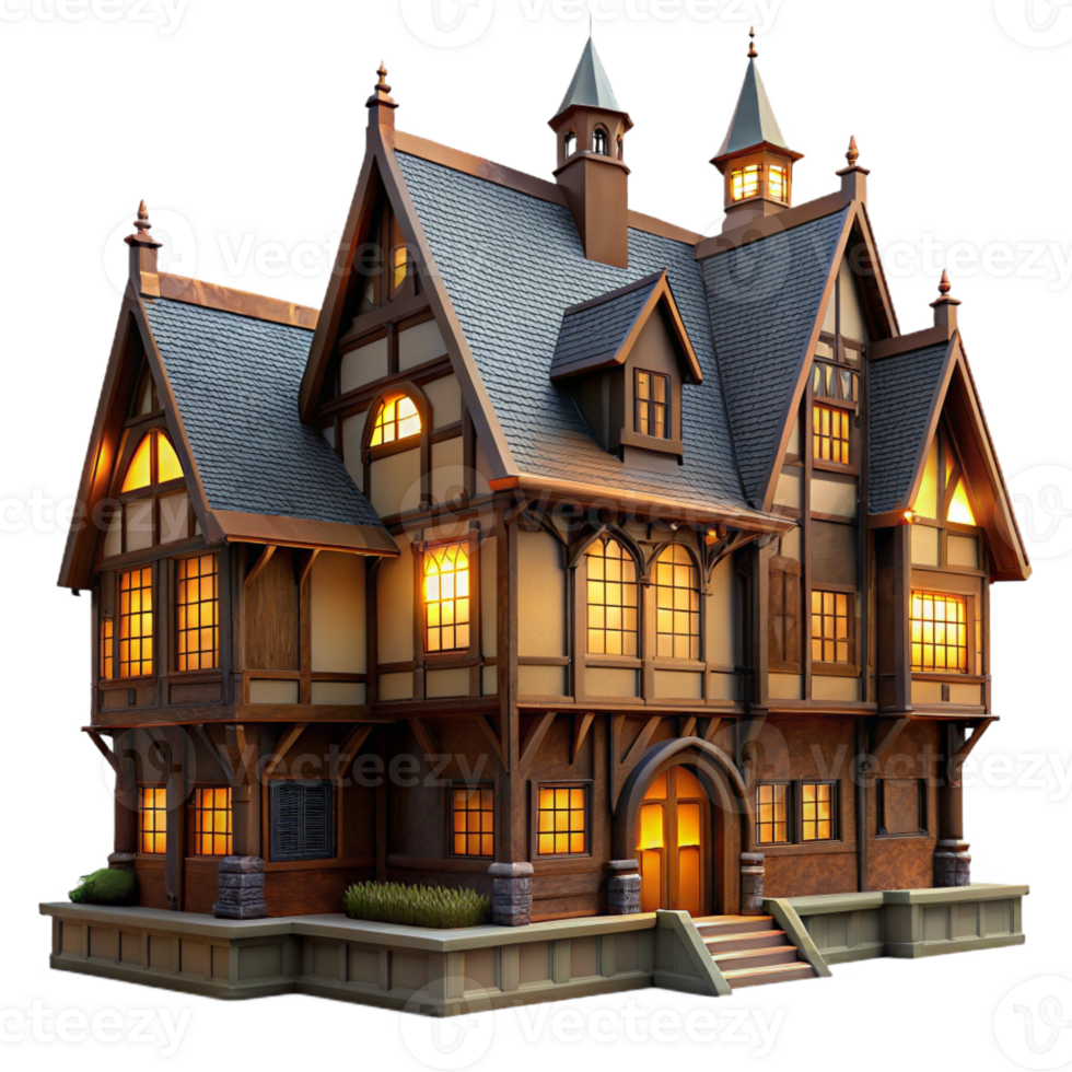 vibrant rustic Tudor-style mansion, half-timbered walls, leaded glass windows, dramatic lighting, historical style high resolution png