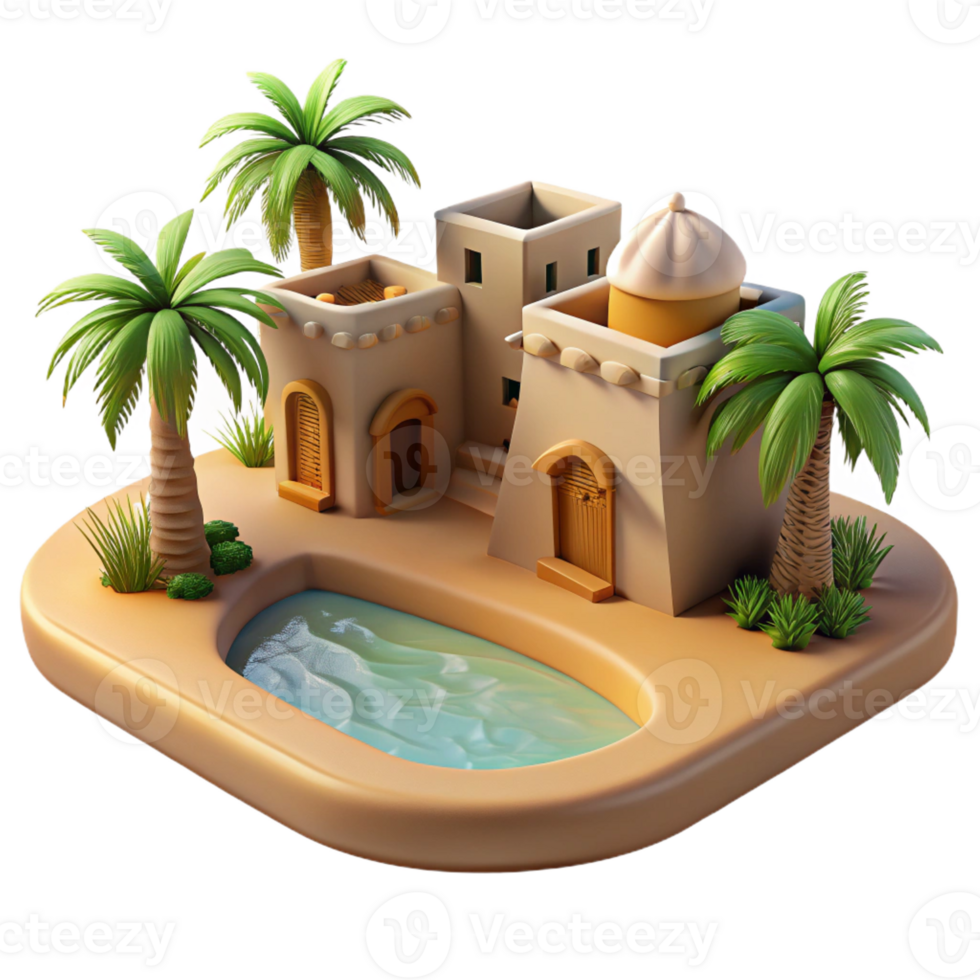 beautiful classic Desert oasis, traditional mud-brick architecture, palm trees, bright sunlight, serene atmosphere exclusive png