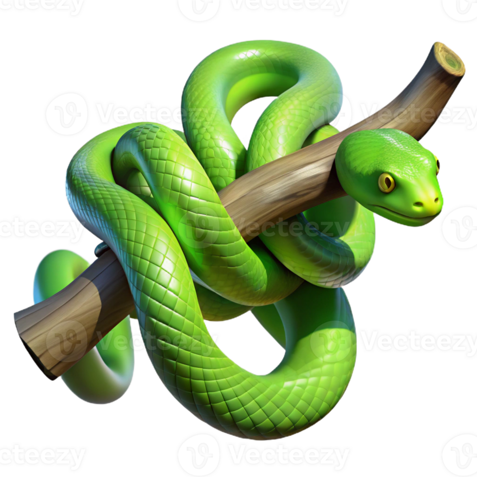 dramatic creative A slithering green snake coiled around a tree branch, illuminated by dappled jungle sunlight, in a realistic, textured style original png