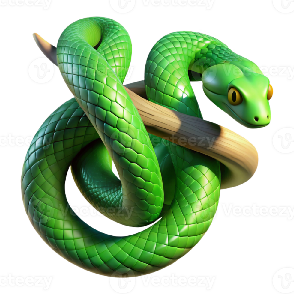 beautiful abstract A slithering green snake coiled around a tree branch, illuminated by dappled jungle sunlight, in a realistic, textured style 4K png