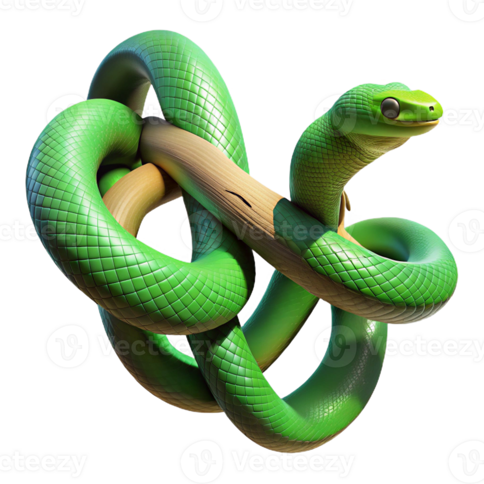 dramatic traditional A slithering green snake coiled around a tree branch, illuminated by dappled jungle sunlight, in a realistic, textured style exclusive png