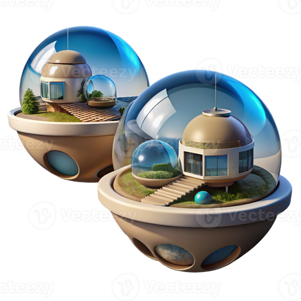 dramatic traditional Floating spherical homes, transparent shells, panoramic views, futuristic living, conceptual art authentic png