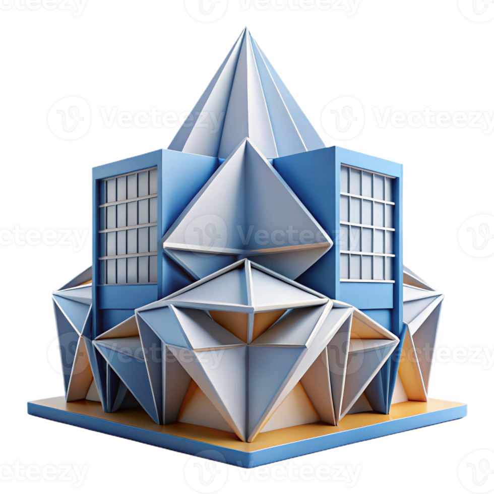 dramatic rustic Origami-inspired building, folded planes, geometric patterns, paper-like texture, architectural model exclusive png